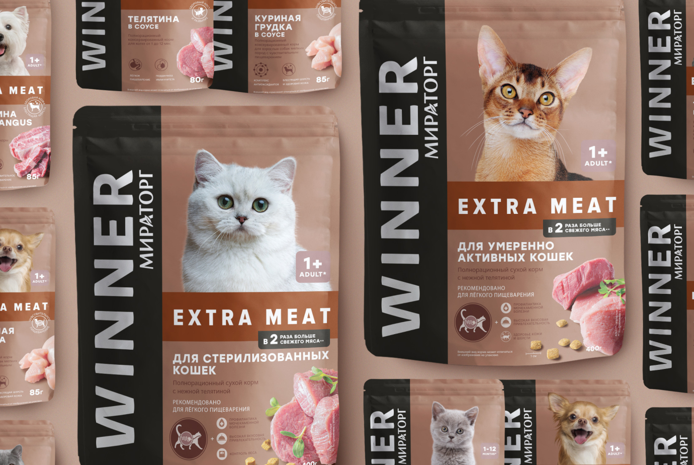 Дизайн упаковки паучей Winner для кошек и собак