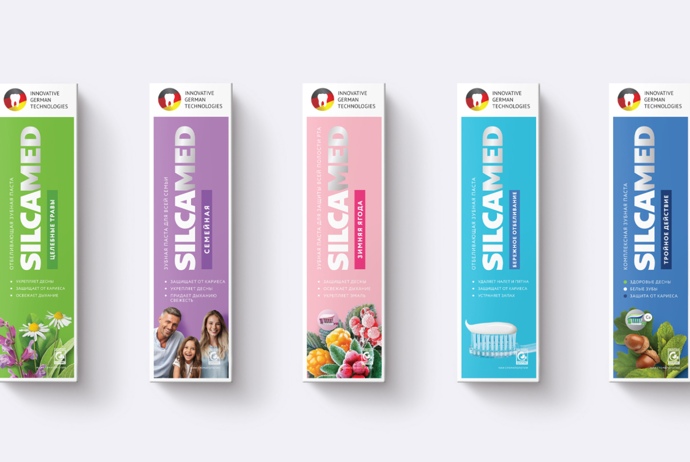 Адаптация дизайна упаковки бренда SilcaMED под другие серии товаров зубных паст